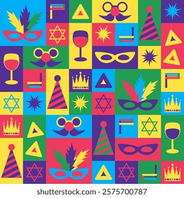 Bright and colorful modular seamless pattern with Purim symbols such as masks, crowns, groggers, wine glasses, Star of David, and hamantaschen, celebrating the festive Jewish holiday