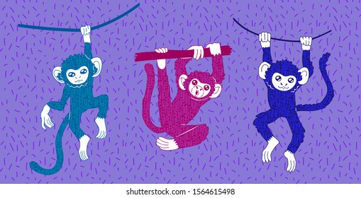 bright colorful monkeys characters set. stylized animals print