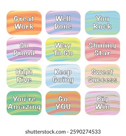 Bright and colorful motivational stickers with positive words like 'Great Work,' 'You Rock,' and 'Keep Going.' Perfect for rewards, encouragement, school, workplace, and achievement celebrations