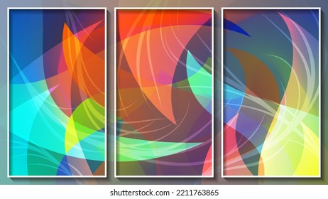 Bright Colorful Motley Abstract Triptych. Chaotically Overlapping Translucent Art Forms And Flowing Stripes. Three Images In White Thin Frames. Vector.