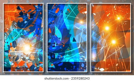 Bright colorful motley grunge triptych. Chaotic brush strokes, particles, splashes, shards, flashes of light, overlapping abstract shapes on a textured background. Vector.