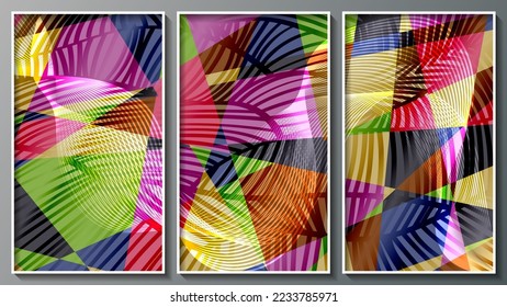 Bright colorful motley polygonal striped triptych. Three images in white thin frames. Expressionist art. Author's work. Vector.