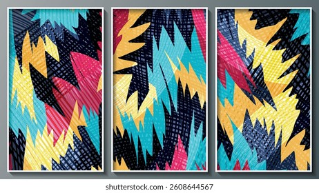 Bright colorful motley textured abstract triptych. A beautiful panel for interior decoration, corporate designs, blogs, postcards, posters and your other projects. Vector. 
