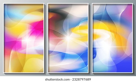 Bright colorful multicolor abstract triptych. Flashes of light intertwining smooth lines on the background of a beautiful surface of overlapping abstract shapes with wavy edges, blur effect. Vector.
