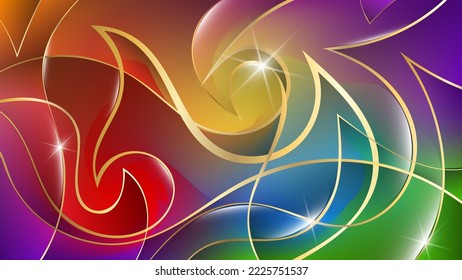 Bright colorful multicolor wallpaper. Golden overlapping swirling wavy streaks, highlights and glows on a glittery mottled background. Template for your projects. Vector.