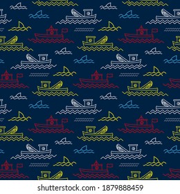 Bright colorful multicolored boats in the sea isolated on dark blue background. Cute seamless pattern. Vector flat graphic hand drawn illustration. Texture.