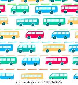 Bright colorful multicolored buses isolated on white background. Cute transport seamless pattern. Side view. Vector flat graphic hand drawn illustration. Texture.