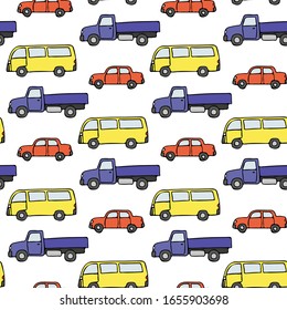 Bright colorful multi-colored cars isolated on white background. Baby seamless pattern. Vector graphic hand drawing. Texture.