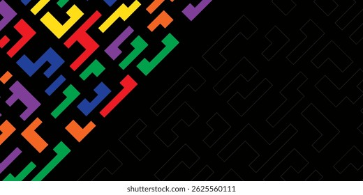 Bright colorful multicolored curved bold lines isolated on black background. Labyrinth. Cute colorful striped seamless pattern. Vector simple flat graphic illustration. Texture.