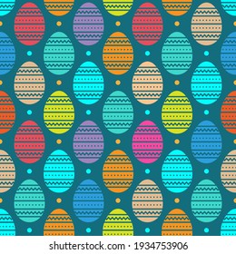 Bright colorful multicolored Easter eggs isolated on blue-green background. Cute festive seamless pattern. Vector simple flat graphic illustration. Texture.