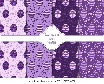 Bright colorful multicolored Easter eggs isolated on purple background. Cute festive seamless pattern. Vector simple flat graphic illustration. Texture. 1000 by 1000.