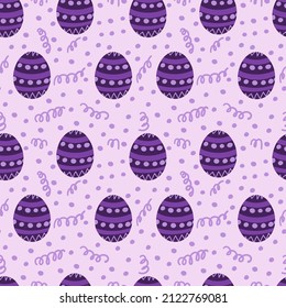 Huevos de Pascua coloridos y luminosos aislados en un fondo morado. Lindo patrón festivo sin fisuras. Ilustración gráfica plana vectorial simple. Textura. 1000 por 1000.