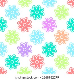 Bright colorful multicolored flowers isolated on white background. Seamless pattern. Vector graphic illustration. Texture.