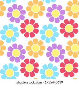 Bright colorful multicolored flowers isolated on white background. Floral seamless pattern. Vector flat graphic illustration. Texture.