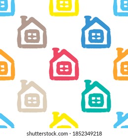Bright colorful multicolored houses isolated on white background. Cute seamless pattern. Vector flat graphic hand drawn illustration. Texture.
