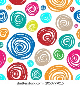 Bright colorful multicolored ink spiral circles isolated on white background. Cute seamless pattern. Vector simple flat graphic hand drawn illustration. Texture.