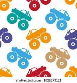 Bright colorful multicolored monster trucks isolated on white background. Childish cute seamless pattern. Side view. Colored silhouette. Vector flat graphic illustration. Texture.