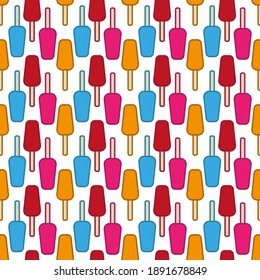 Bright colorful multicolored popsicle isolated on white background. Cute seamless pattern. Vertical view. Vector flat graphic illustration. Texture.