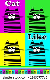 bright colorful multi-colored poster with the image of a funny tabby cat, can be used as a postcard, cover, print on clothes, for decorating children's products, in the form of a logo and more