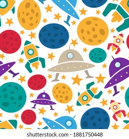 Bright colorful multicolored rockets, flying saucers, planets and stars isolated on white background. Childish cute space seamless pattern. Vector flat graphic hand drawn illustration. Texture.