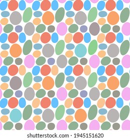 Bright colorful multicolored round pebbles isolated on white background. Cute seamless pattern. Vector simple flat graphic illustration. Texture.