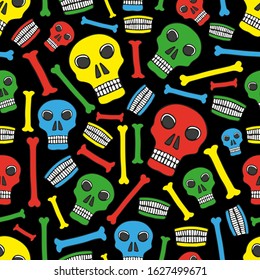 Bright colorful multi-colored skulls and bones on a black background. Seamless pattern. Vector hand drawing. Texture.