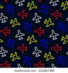 Bright colorful multicolored small contour planes isolated on a dark blue background. Cute transport seamless pattern. Vector simple flat graphic illustration. Texture.