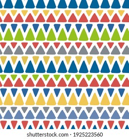 Bright colorful multicolored small ink triangles isolated on white background. Cute colored geometric seamless pattern. Vector flat graphic hand drawn illustration. Texture.