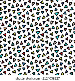 Bright colorful multicolored small triangles isolated on white background. Cute geometric seamless pattern. Vector simple flat graphic hand drawn illustration. Texture.