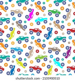 Bright colorful multicolored SUV cars isolated on white background. Side view. Childish cute transport seamless pattern. Vector simple flat graphic illustration. Texture.
