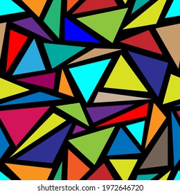 Bright colorful multicolored triangles isolated on black background. Cute geometric seamless pattern. Vector simple flat graphic illustration. Texture.