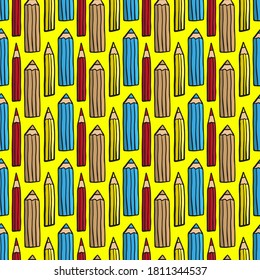 Bright colorful multicolored wooden pencils isolated on yellow background. Childish cute seamless pattern. Vertical view. Vector flat graphic hand drawn illustration. Texture.