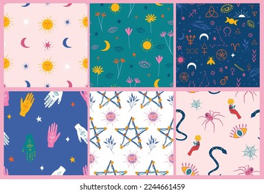 Bright colorful mystical pattern set of 6. Background with celestial motifs like sun, moon, stars and spiritual icons like serpent, hamsa hand and other symbols. 