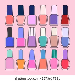 Bright and colorful nail polish collection illustration featuring various bottle shapes and shades. Perfect for beauty, fashion, or makeup-themed designs and creative projects.