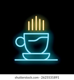 Bright, colorful neon sign depicting a steaming cup of coffee or tea on a saucer, perfect for attracting customers on a dark street
