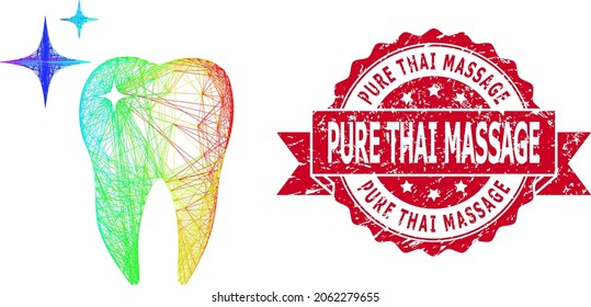 Bright colorful net excellent tooth, and Pure Thai Massage scratched ribbon seal imitation. Red stamp seal contains Pure Thai Massage text inside ribbon.