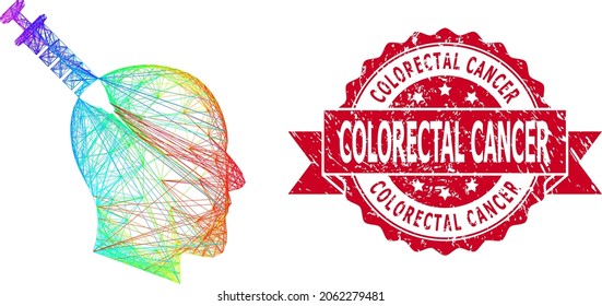 Bright colorful net head injection, and Colorectal Cancer grunge ribbon stamp seal. Red stamp seal has Colorectal Cancer caption inside ribbon.Geometric wire frame 2D net based on head injection icon,
