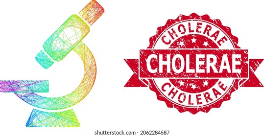 Bright colorful net microscope, and Cholerae grunge ribbon seal imitation. Red seal contains Cholerae text inside ribbon.Geometric wire frame 2D net based on microscope icon,