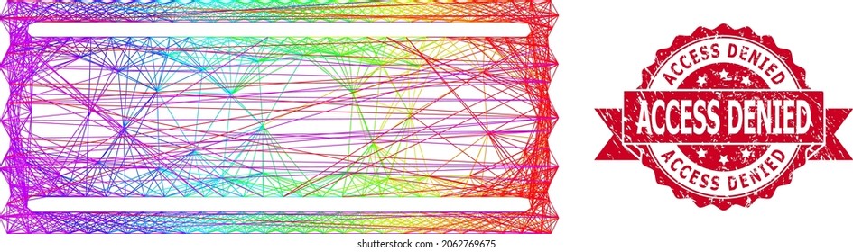 Bright colorful net ticket template, and Access Denied dirty ribbon stamp seal. Red stamp contains Access Denied caption inside ribbon.Geometric linear carcass 2D net based on ticket template icon,