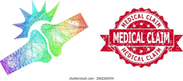 Bright colorful network bone joint fracture, and Medical Claim textured ribbon stamp seal. Red stamp seal includes Medical Claim title inside ribbon.