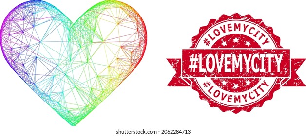 Bright colorful network love heart, and tag Lovemycity rubber ribbon stamp seal. Red stamp seal contains tag Lovemycity title inside ribbon.Geometric linear frame 2D network based on love heart icon,