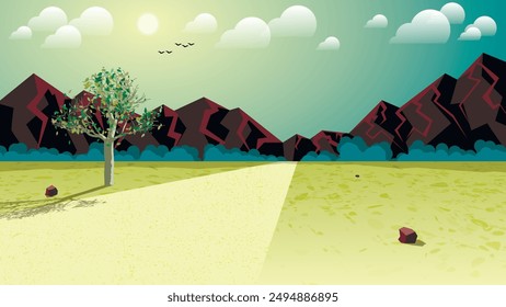 Bright colorful North American mountain landscape. Lonely tree by the road in the prairie against the background of forest, mountains, sky with sun, clouds, flying birds. Vector.