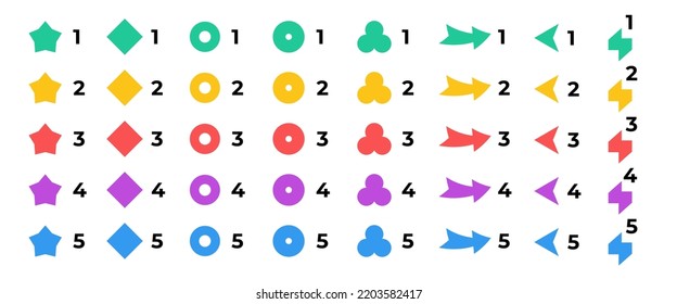 Helle bunte Zahlenfeldersammlung. Unterschiedliche Formen für das Design von Infografik-5-Schritten