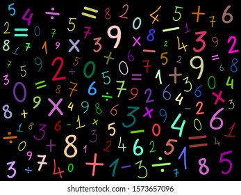 Bright colorful numbers and math symbols with dark background. Hand drawn vector.