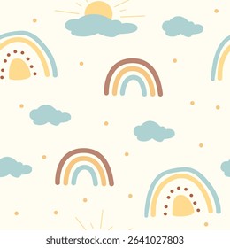 Bright and colorful nursery wall art showcases a seamless pattern of rainbows and clouds, creating a cheerful environment perfect for children's spaces. Ideal for playful decor in any room.
