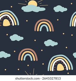 Bright and colorful nursery wall art showcases a seamless pattern of rainbows and clouds, creating a cheerful environment perfect for children's spaces. Ideal for playful decor in any room.