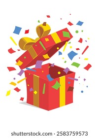 A bright and colorful open gift box with gold ribbons and flying confetti, symbolizing celebration and joy. Features attractive colors and a festive theme. The image is separate from the background