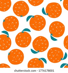 Bright colorful oranges vector seamless pattern on white background. Healthy cartoon different stylized whole and pieces of fruits in print flat style, eat local organic products.