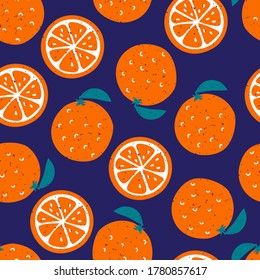 Bright colorful oranges vector seamless pattern on blue background. Healthy cartoon different stylized whole and slices of citrus fruits in print flat style, eat local organic products.