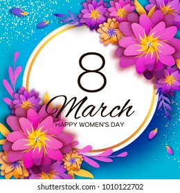 Bright Colorful Origami Flowers. Happy Women s Day. 8 March. Trendy Mother s Day. Paper cut Exotic Tropical Floral Greetings card. Spring blossom on sky blue. Circle frame.Text. Holidays. Modern decor